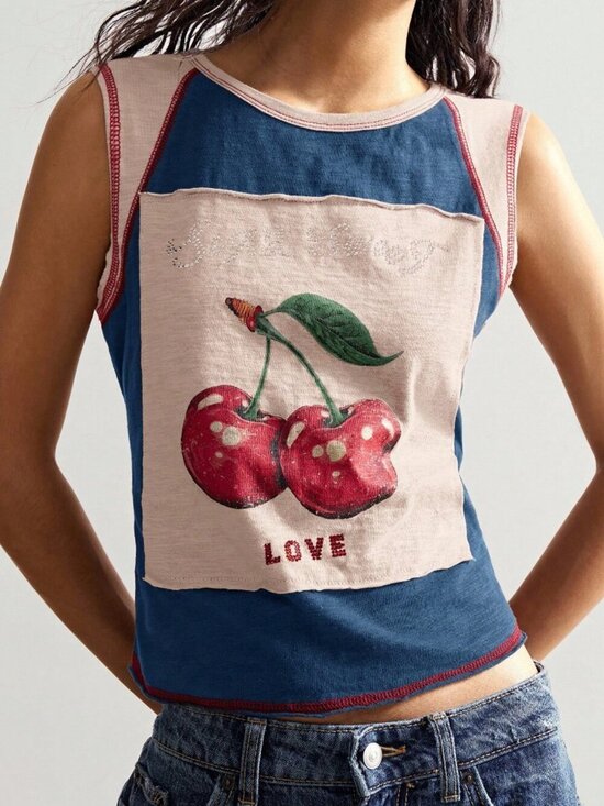 Tops - Multicolor Casual Women's Fitted Round Neck Graphic Cherry Sleeveless Tee Top